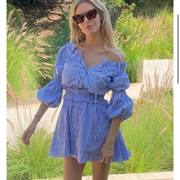 Caroline Constas, L, off the shoulder peasant dress, royal blue stripe, NWT!! - Picture 2 of 11